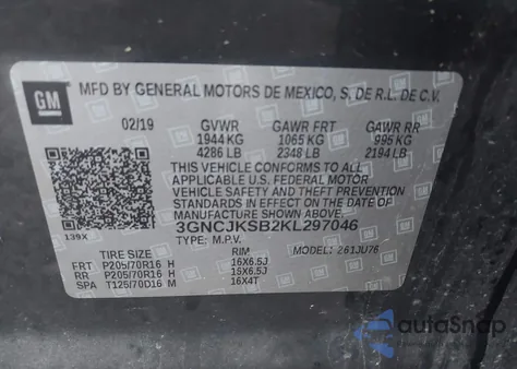2019 Chevrolet Trax Ls z USA, uszkodzony, nr VIN 3GNCJKSB2KL297046